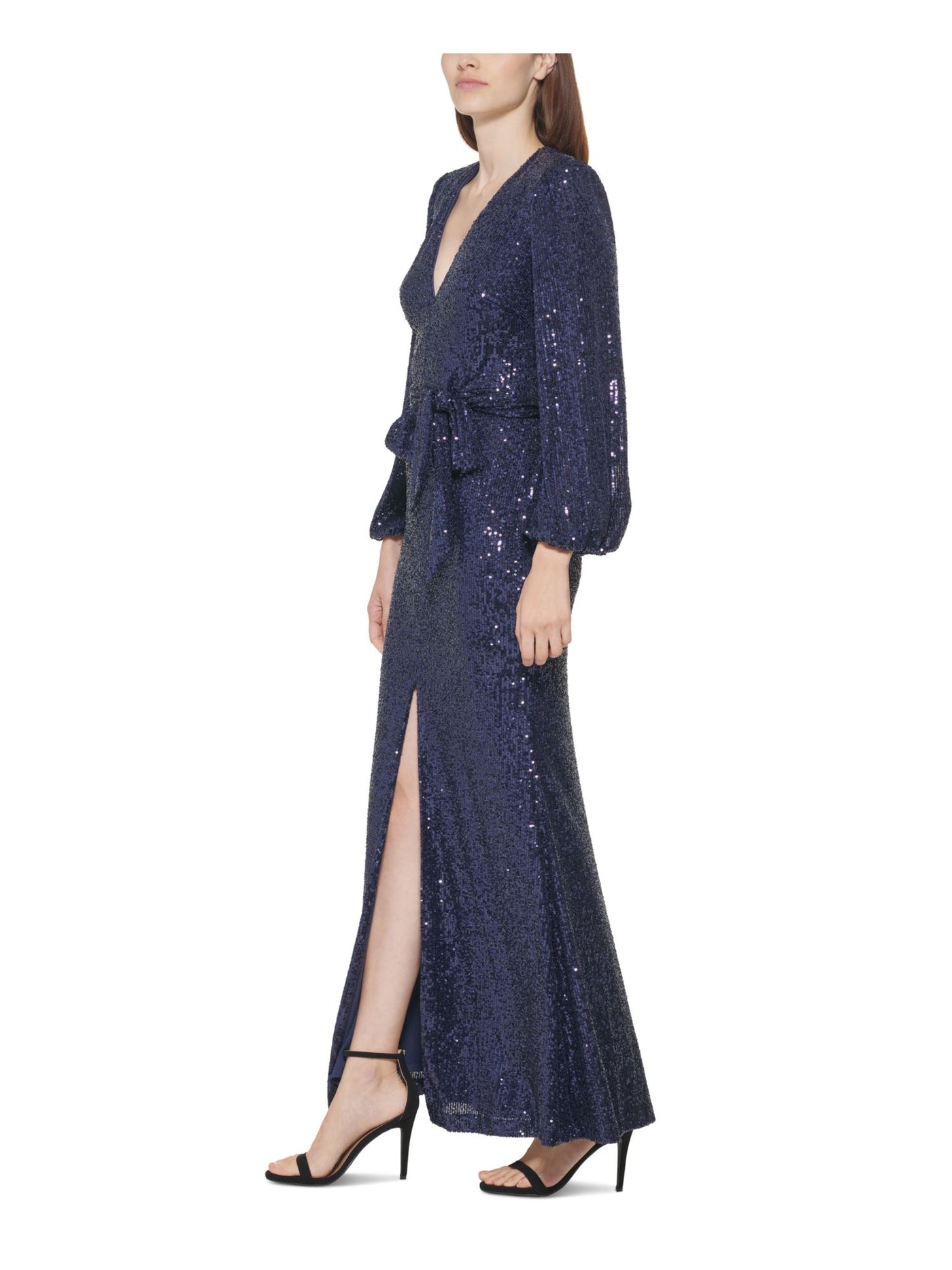 VINCE CAMUTO Womens Navy Sequined Zippered Shoulder Pads Blouson Sleeve V Neck Full-Length Evening Gown Dress Petites 2P