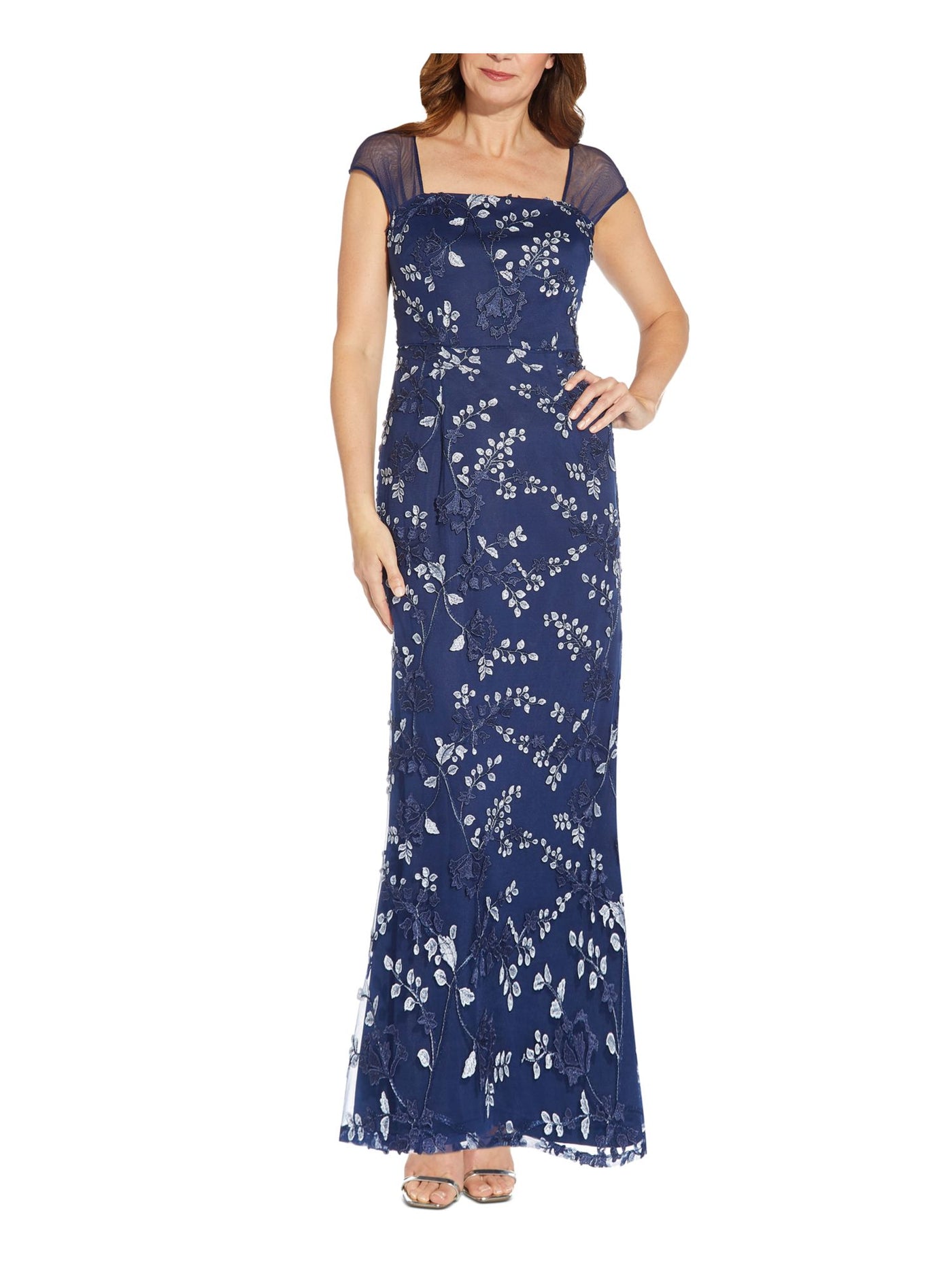 ADRIANNA PAPELL Womens Navy Zippered Lined Floral Cap Sleeve Square Neck Full-Length Evening Gown Dress 4