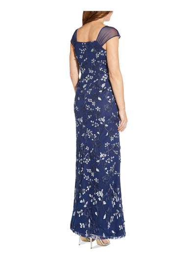 ADRIANNA PAPELL Womens Navy Zippered Lined Floral Cap Sleeve Square Neck Full-Length Evening Gown Dress 4