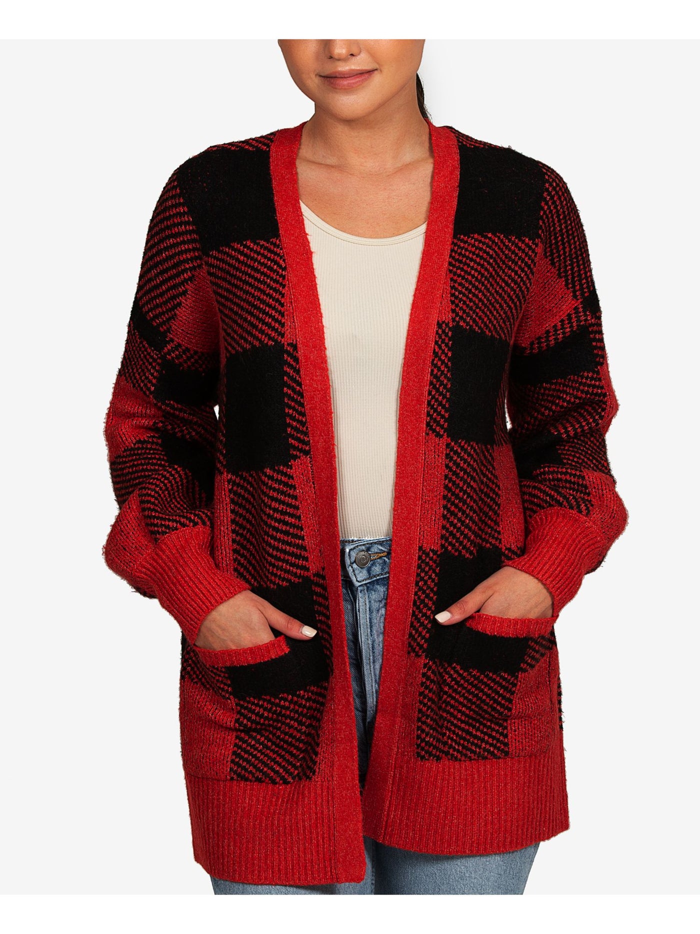 HIPPIE ROSE Womens Red Knit Pocketed Ribbed Cardigan Plaid Balloon Sleeve Open Front Sweater M