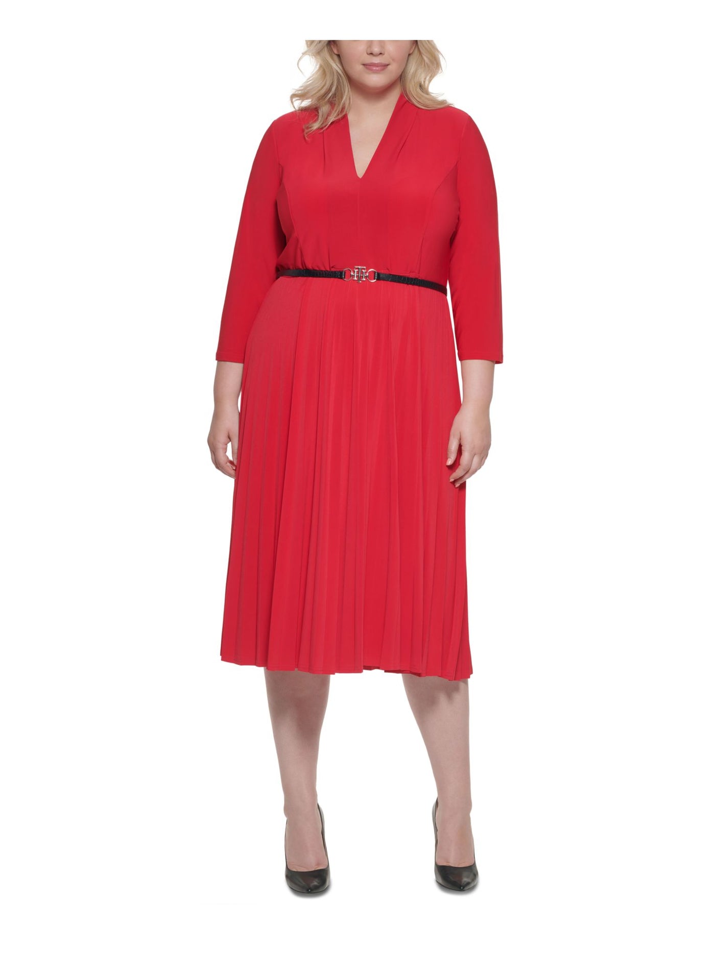 TOMMY HILFIGER Womens Red Stretch Belted Zippered Pleated Long Sleeve V Neck Midi Wear To Work Fit + Flare Dress Plus 20W