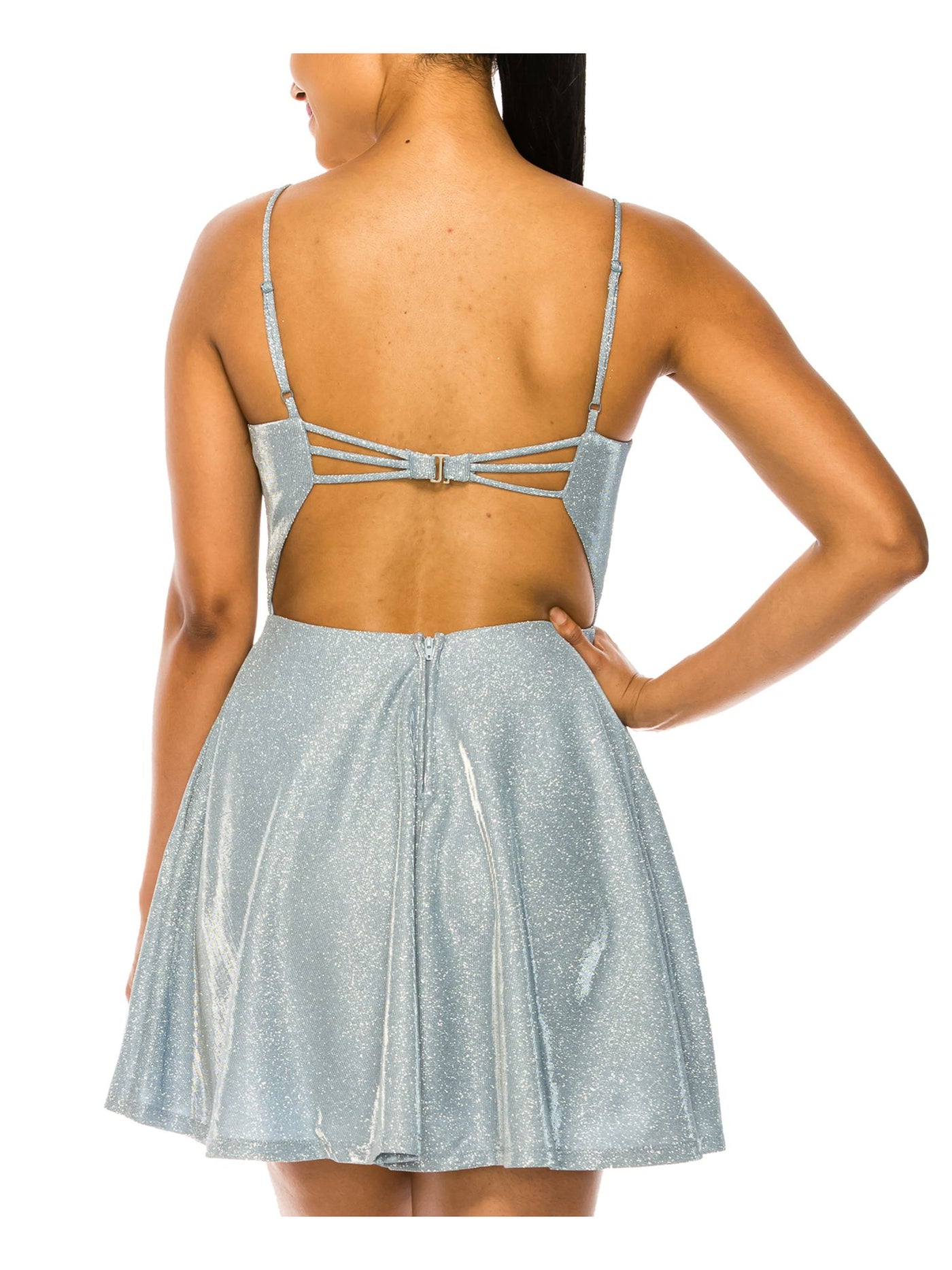 B DARLIN Womens Light Blue Metallic Zippered Clasp Back Closure Spaghetti Strap Scoop Neck Mini Party Fit + Flare Dress 15\16