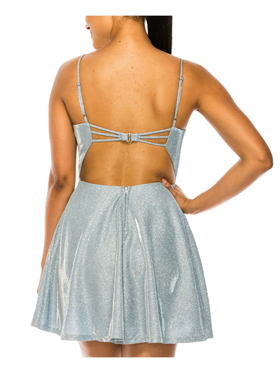 B DARLIN Womens Light Blue Metallic Zippered Clasp Back Closure Spaghetti Strap Scoop Neck Mini Party Fit + Flare Dress 13\14