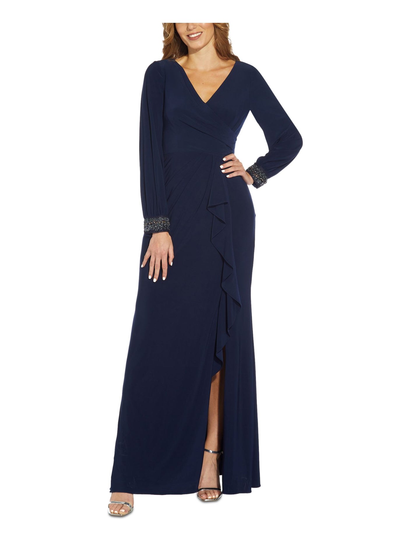 ADRIANNA PAPELL Womens Navy Jersey Beaded Zippered High Slit  Lined Cuffed Sleeve Surplice Neckline Full-Length Evening Gown Dress 2