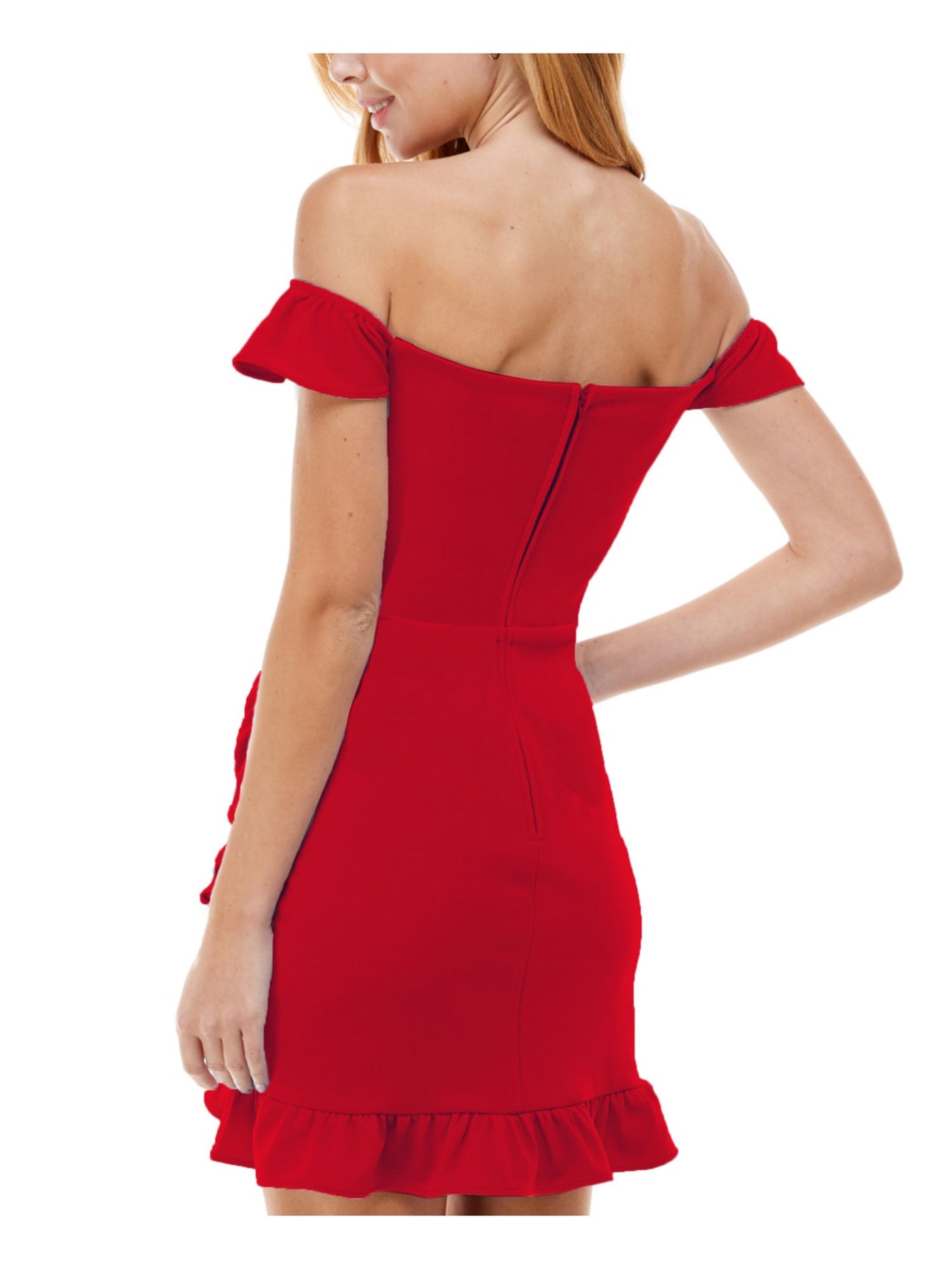 CITY STUDIO Womens Red Stretch Zippered Ruffled Tulip Hem Cap Sleeve Off Shoulder Above The Knee Party Sheath Dress 7