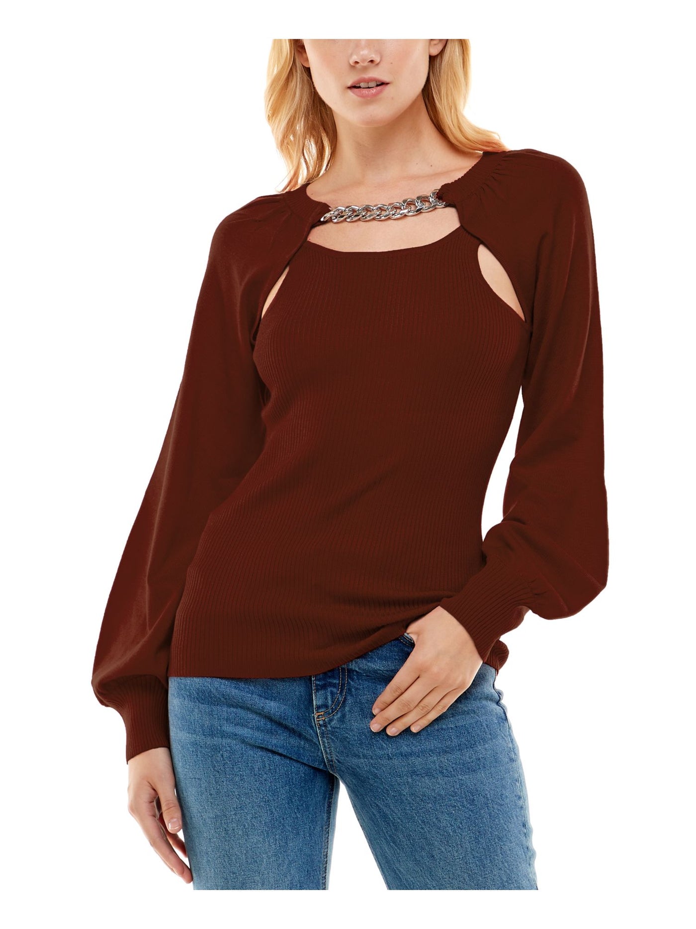 ALMOST FAMOUS Womens Brown Ribbed Chain Detail Balloon Sleeve Crew Neck Top XL