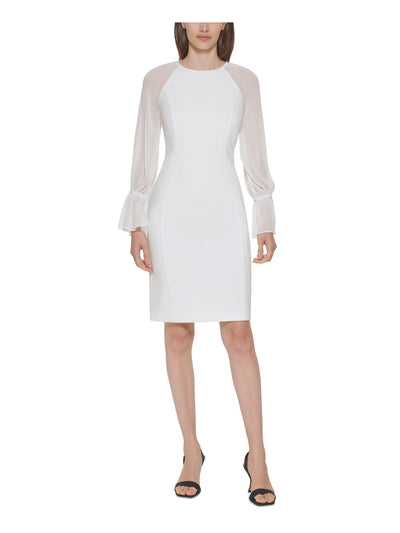 CALVIN KLEIN Womens Stretch Zippered Ruffled Long Cuffed Mesh Sleeves Round Neck Above The Knee Party Sheath Dress