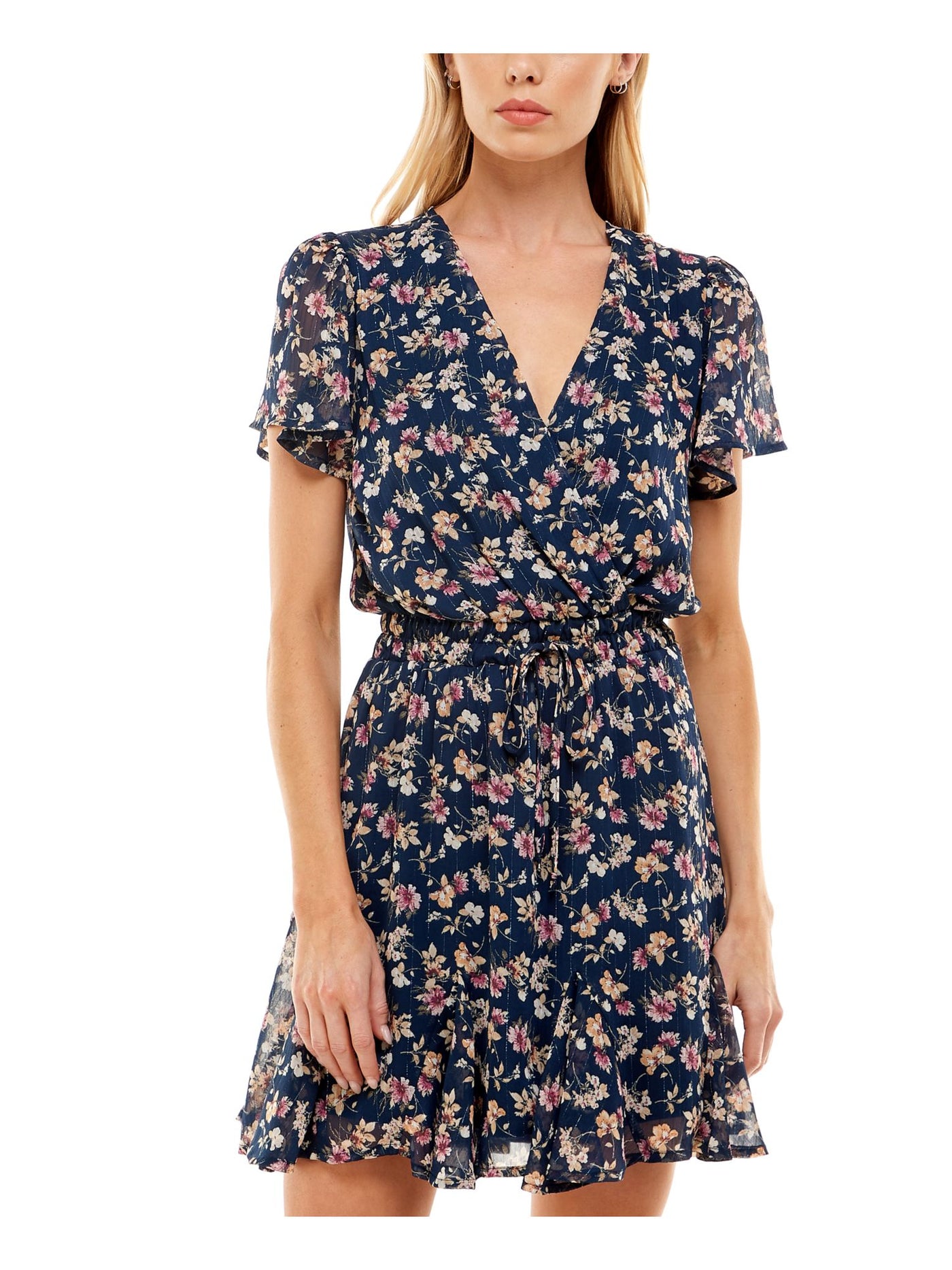 TRIXXI Womens Navy Cut Out Lined Floral Short Sleeve Surplice Neckline Short Shift Dress XXS