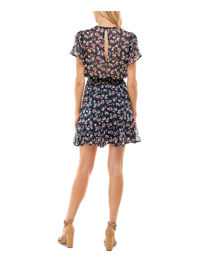 TRIXXI Womens Navy Cut Out Lined Floral Short Sleeve Surplice Neckline Short Shift Dress XXS