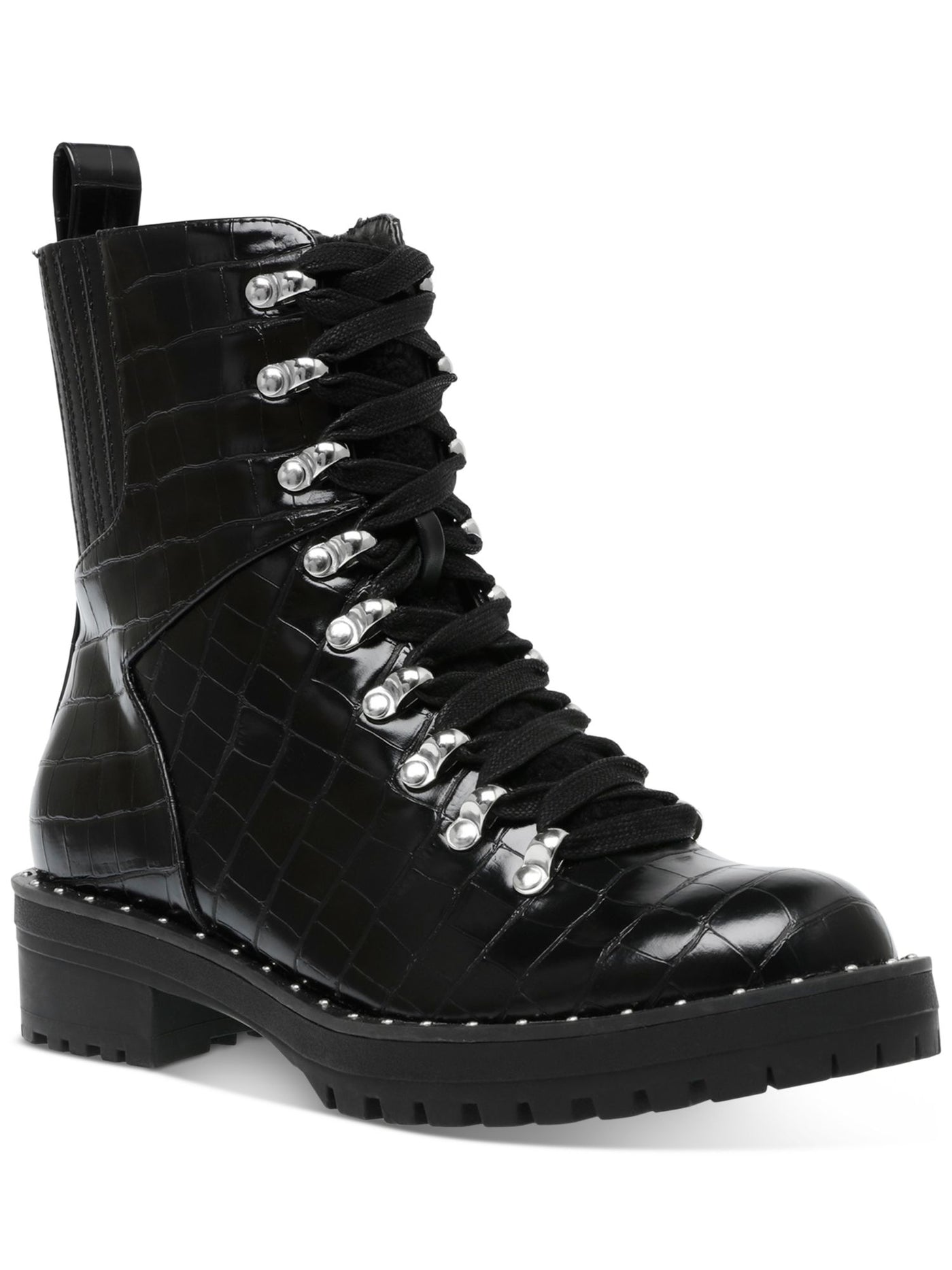 DV DOLCE VITA Womens Black Croc Embossed Lace-Up Back Pull-Tab Goring Lug Sole Oderra Round Toe Block Heel Zip-Up Hiking Boots 5.5
