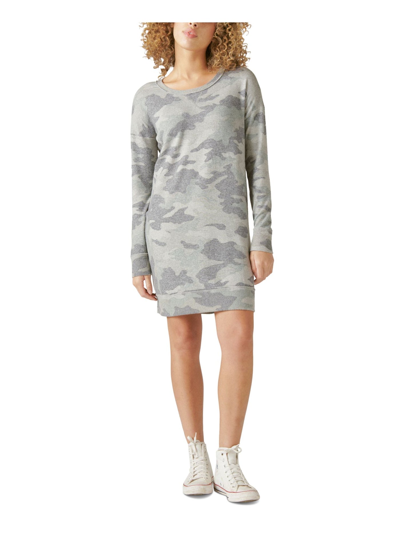 LUCKY BRAND Womens Gray Camouflage Long Sleeve Crew Neck Short Sweatshirt Dress S