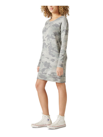 LUCKY BRAND Womens Gray Camouflage Long Sleeve Crew Neck Short Sweatshirt Dress XS