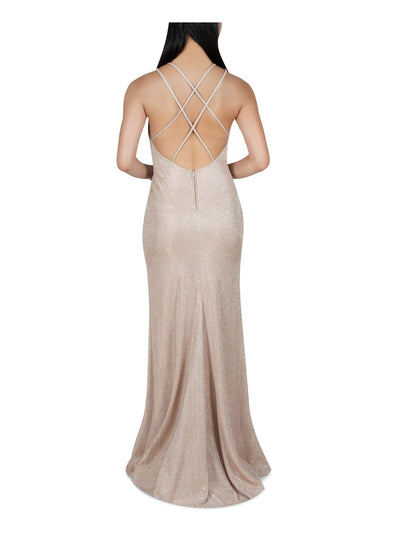 DEAR MOON Womens Gold Stretch Zippered Slitted Open Back Crisscross Straps Sleeveless Round Neck Full-Length Party Gown Dress 13