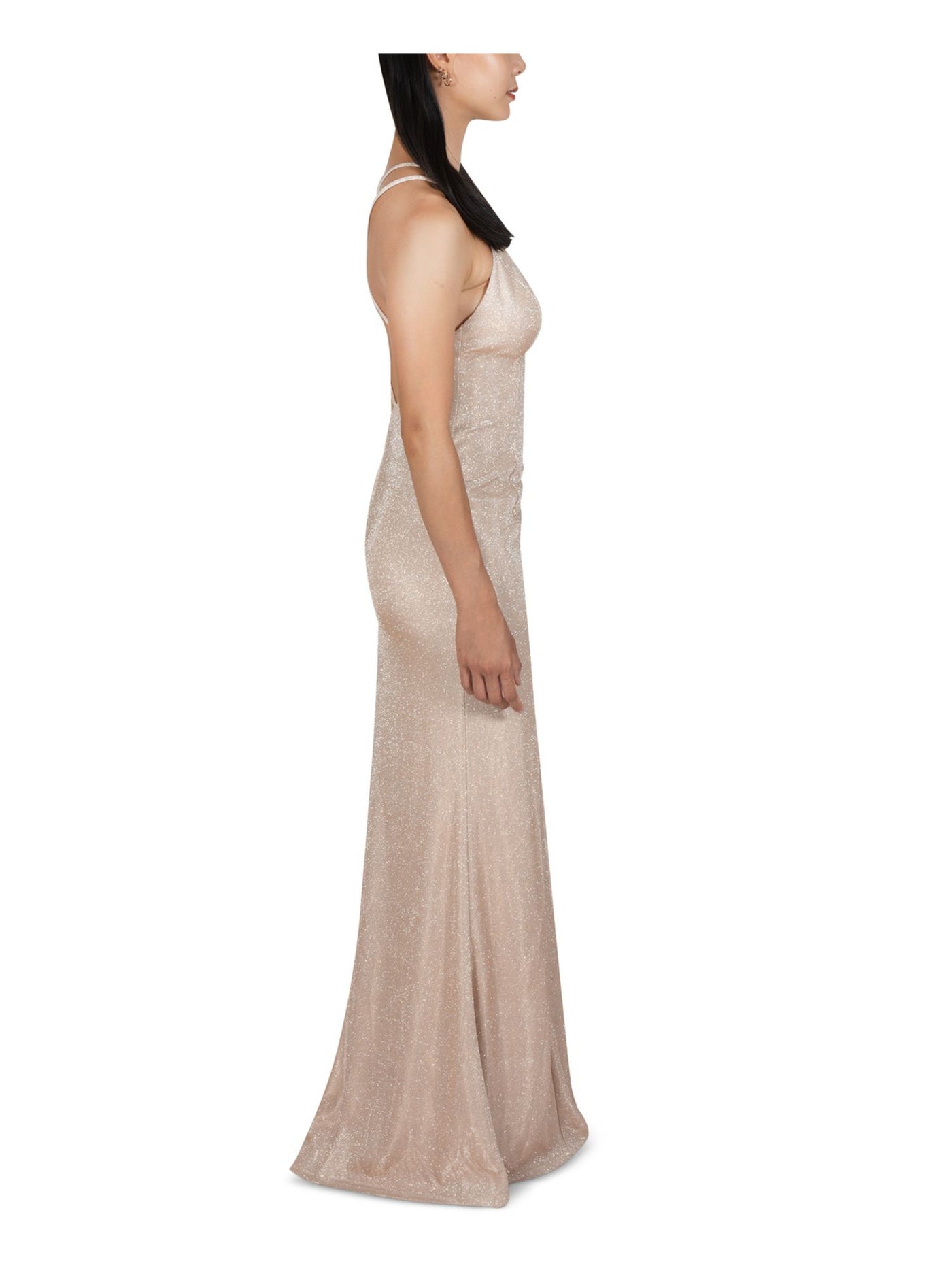 DEAR MOON Womens Gold Stretch Zippered Slitted Open Back Crisscross Straps Sleeveless Round Neck Full-Length Party Gown Dress 13