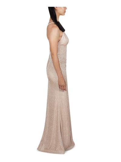 DEAR MOON Womens Gold Stretch Zippered Slitted Open Back Crisscross Straps Sleeveless Round Neck Full-Length Party Gown Dress 13