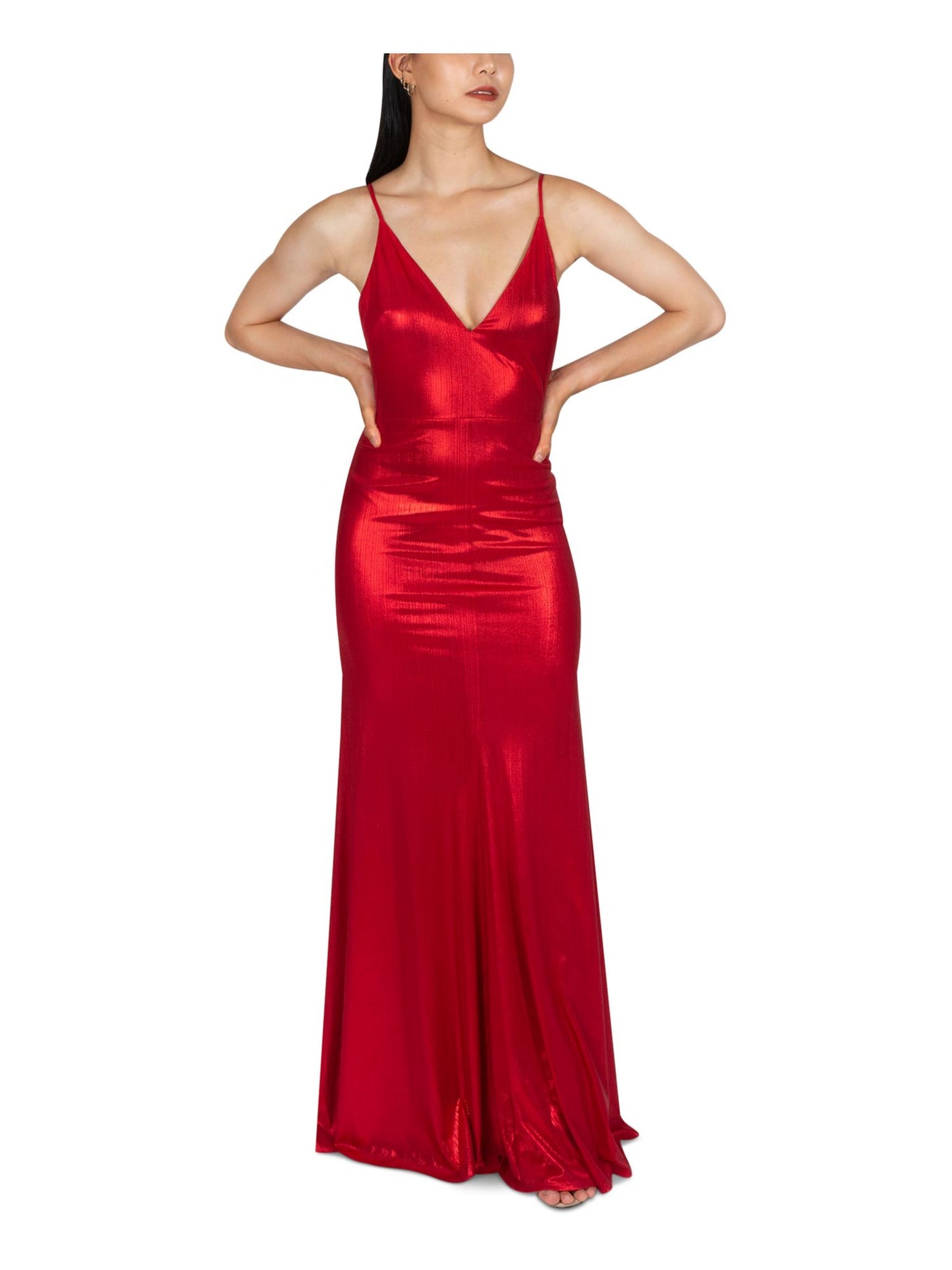 DEAR MOON Womens Red Stretch Zippered Low Back Adjustable Straps Lined Spaghetti Strap V Neck Full-Length Prom Gown Dress Juniors 1