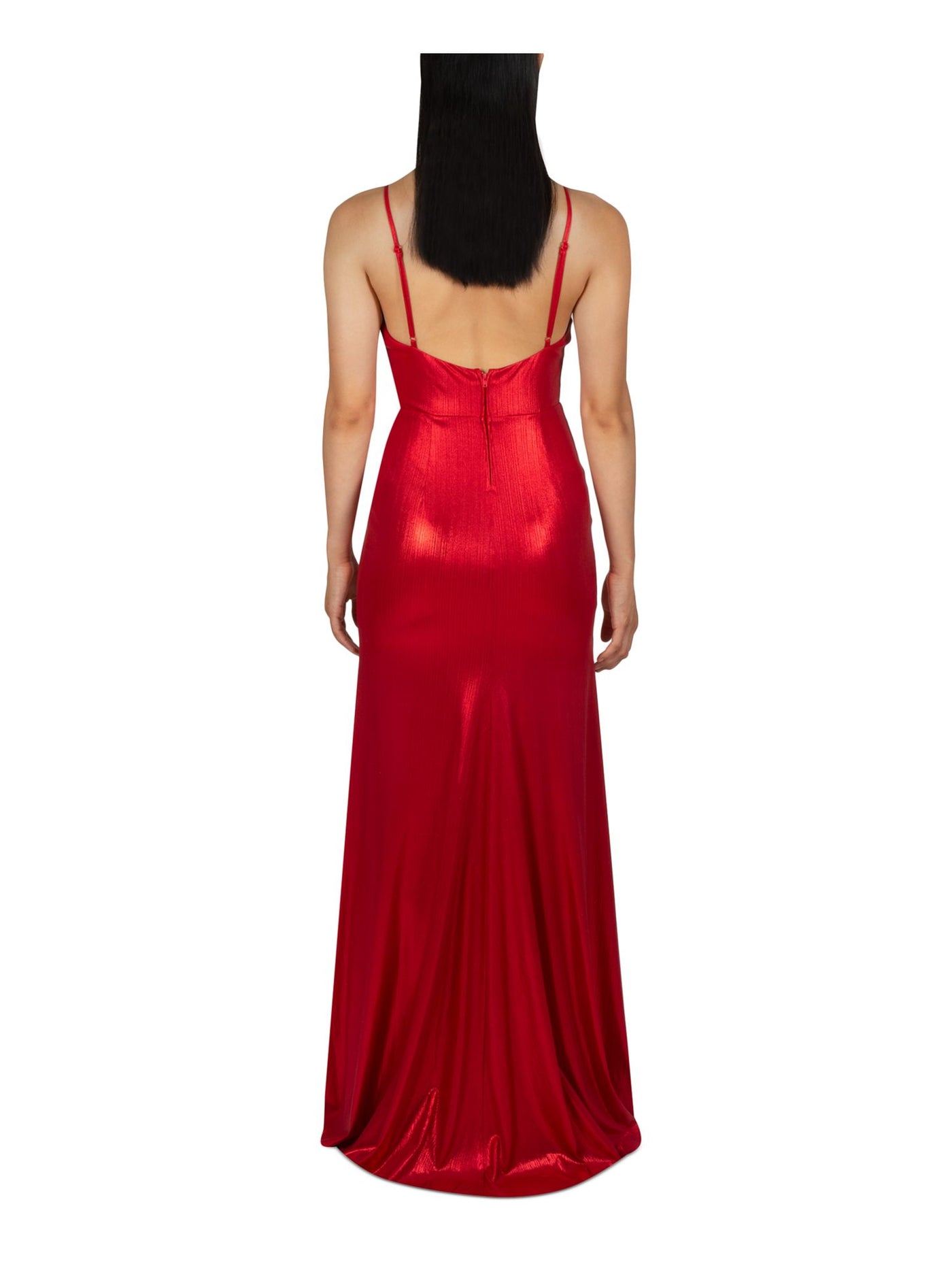 DEAR MOON Womens Red Stretch Zippered Low Back Adjustable Straps Lined Spaghetti Strap V Neck Full-Length Prom Gown Dress 5