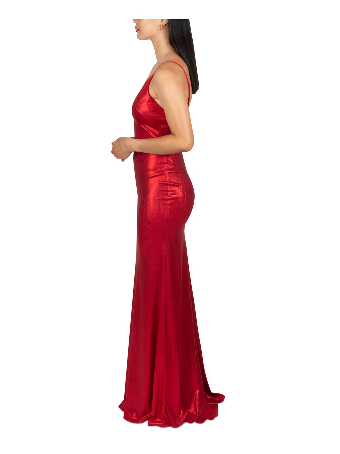 DEAR MOON Womens Red Stretch Zippered Low Back Adjustable Straps Lined Spaghetti Strap V Neck Full-Length Prom Gown Dress Juniors 1