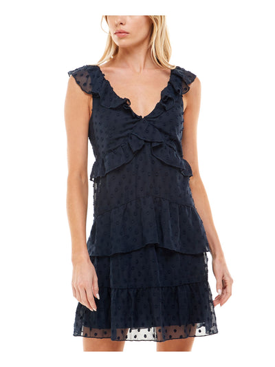 SPEECHLESS Womens Navy Zippered Ruffled Swiss Dot Sleeveless V Neck Above The Knee Party Fit + Flare Dress S