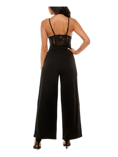 ALMOST FAMOUS Womens Black Lace Adjustable Straps Sleeveless Sweetheart Neckline Party Cami Wide Leg Jumpsuit Juniors L