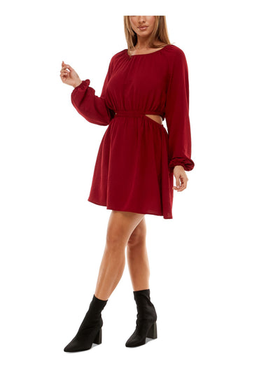 SPEECHLESS Womens Red Cut Out Elastic Waist Button Closure Blouson Sleeve Scoop Neck Above The Knee Party Fit + Flare Dress XXS