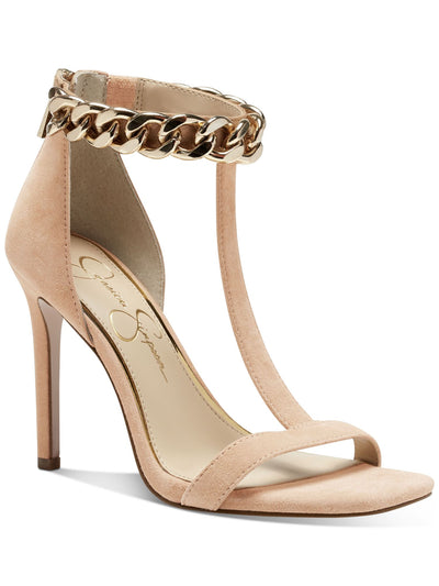 JESSICA SIMPSON Womens Beige Chain T-Strap Omesa Square Toe Stiletto Zip-Up Leather Dress Heeled Sandal 7.5 M