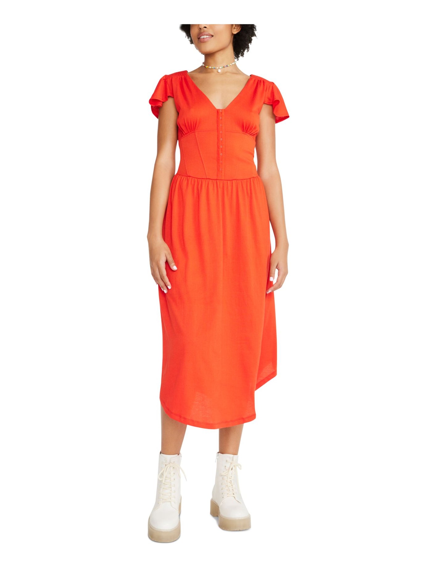 BETSEY JOHNSON Womens Red Textured Smocked Front Hook Eye Closure Corset Flutter Sleeve V Neck Midi Sheath Dress M