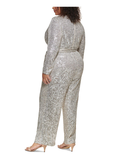 ELIZA J Womens Ivory Sequined Belted Long Sleeve Surplice Neckline Party Wide Leg Jumpsuit Plus 16W