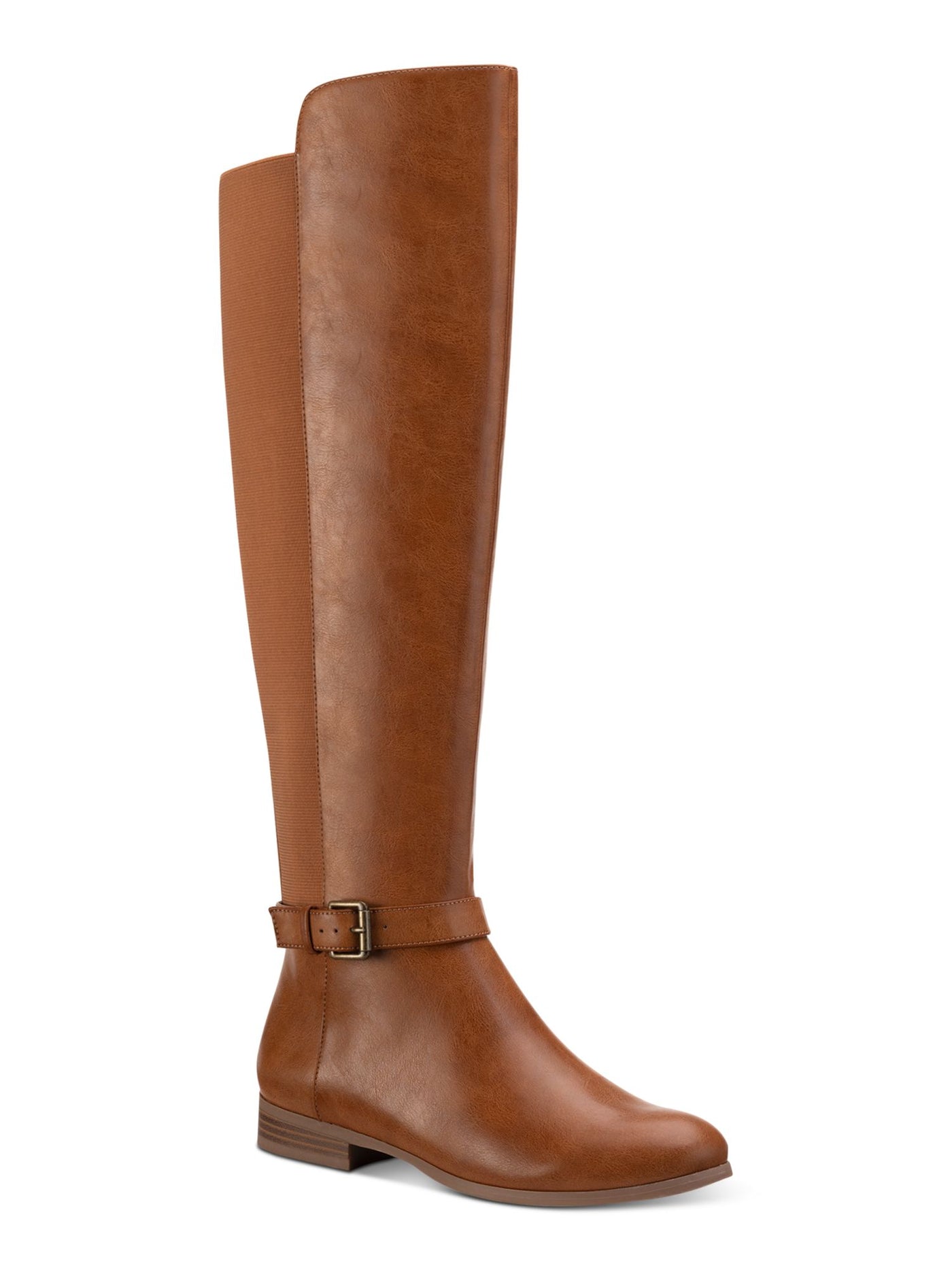 STYLE & COMPANY Womens Tan Brown Mixed Media Buckled Strap Wide Calf Cushioned Kimmball Round Toe Block Heel Zip-Up Riding Boot 7.5 M WC