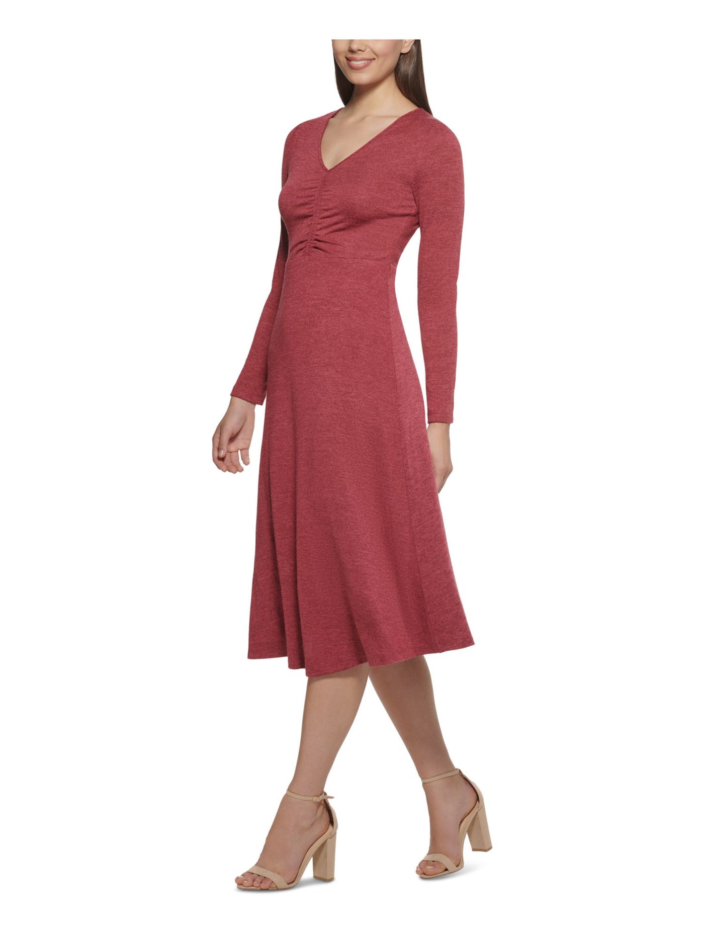 KENSIE Womens Long Sleeve V Neck Midi Wear To Work Fit + Flare Dress