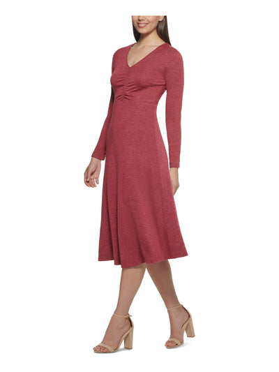 KENSIE Womens Long Sleeve V Neck Midi Wear To Work Fit + Flare Dress