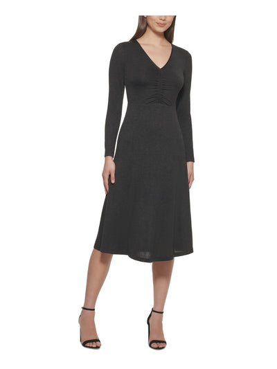 KENSIE Womens Black Long Sleeve V Neck Midi Wear To Work Fit + Flare Dress XS