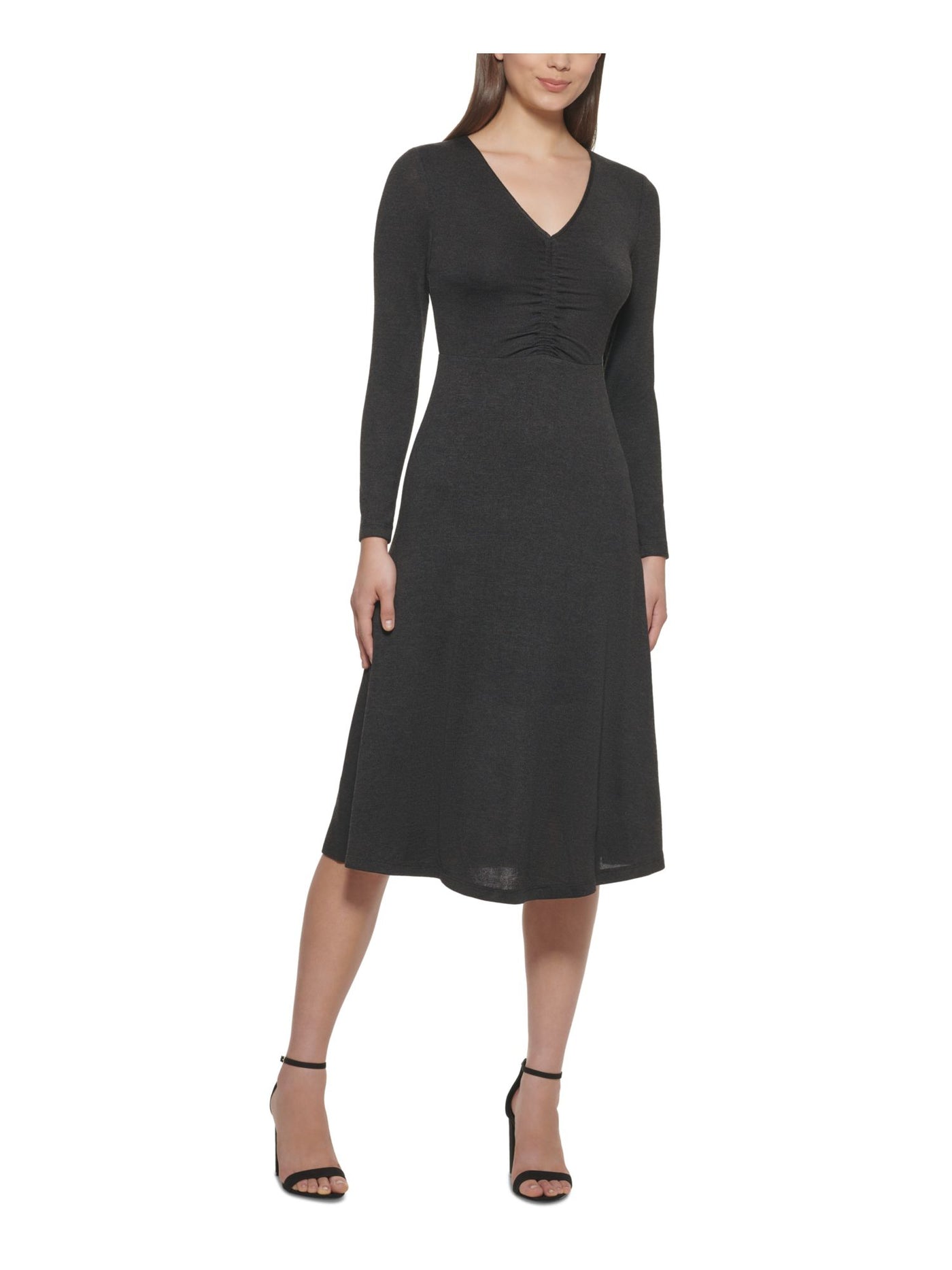 KENSIE Womens Black Long Sleeve V Neck Midi Fit + Flare Dress XXL