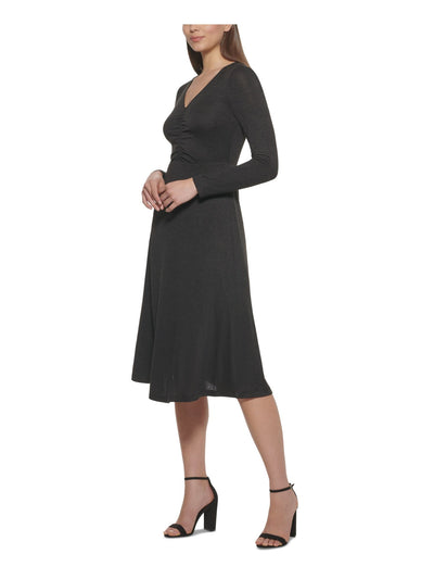 KENSIE Womens Black Long Sleeve V Neck Midi Wear To Work Fit + Flare Dress XL