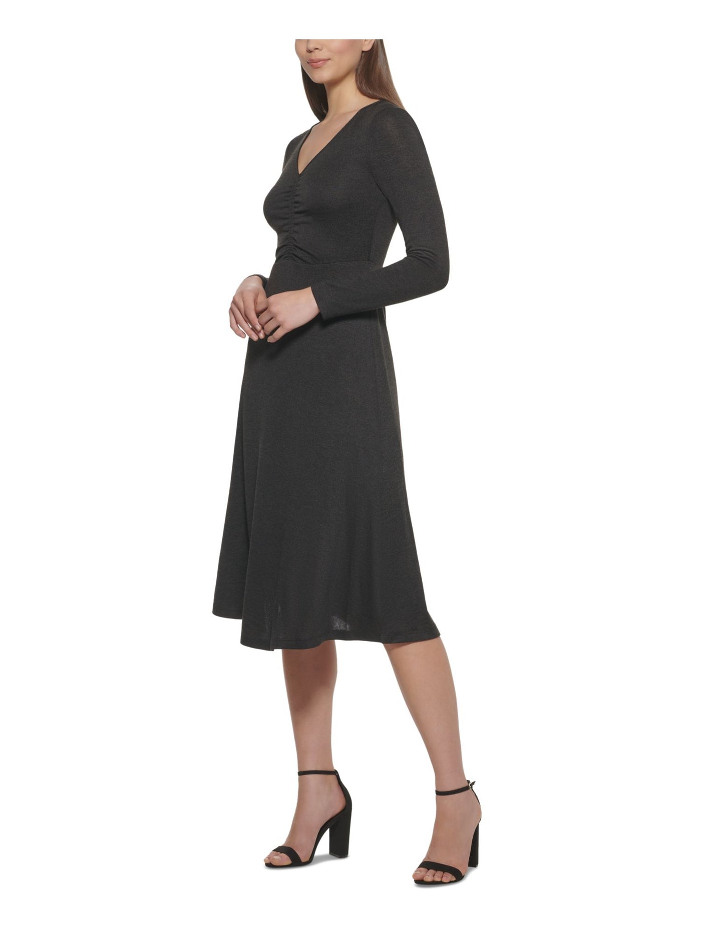 KENSIE Womens Black Long Sleeve V Neck Midi Wear To Work Fit + Flare Dress XS