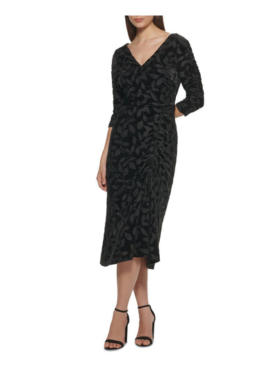 KENSIE Womens Black Stretch Tie Printed V Neck Midi Wear To Work Sheath Dress 0