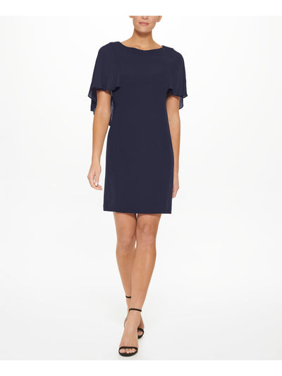 DKNY Womens Zippered Overlaid Cape Effect Flutter Sleeve Round Neck Above The Knee Cocktail Sheath Dress