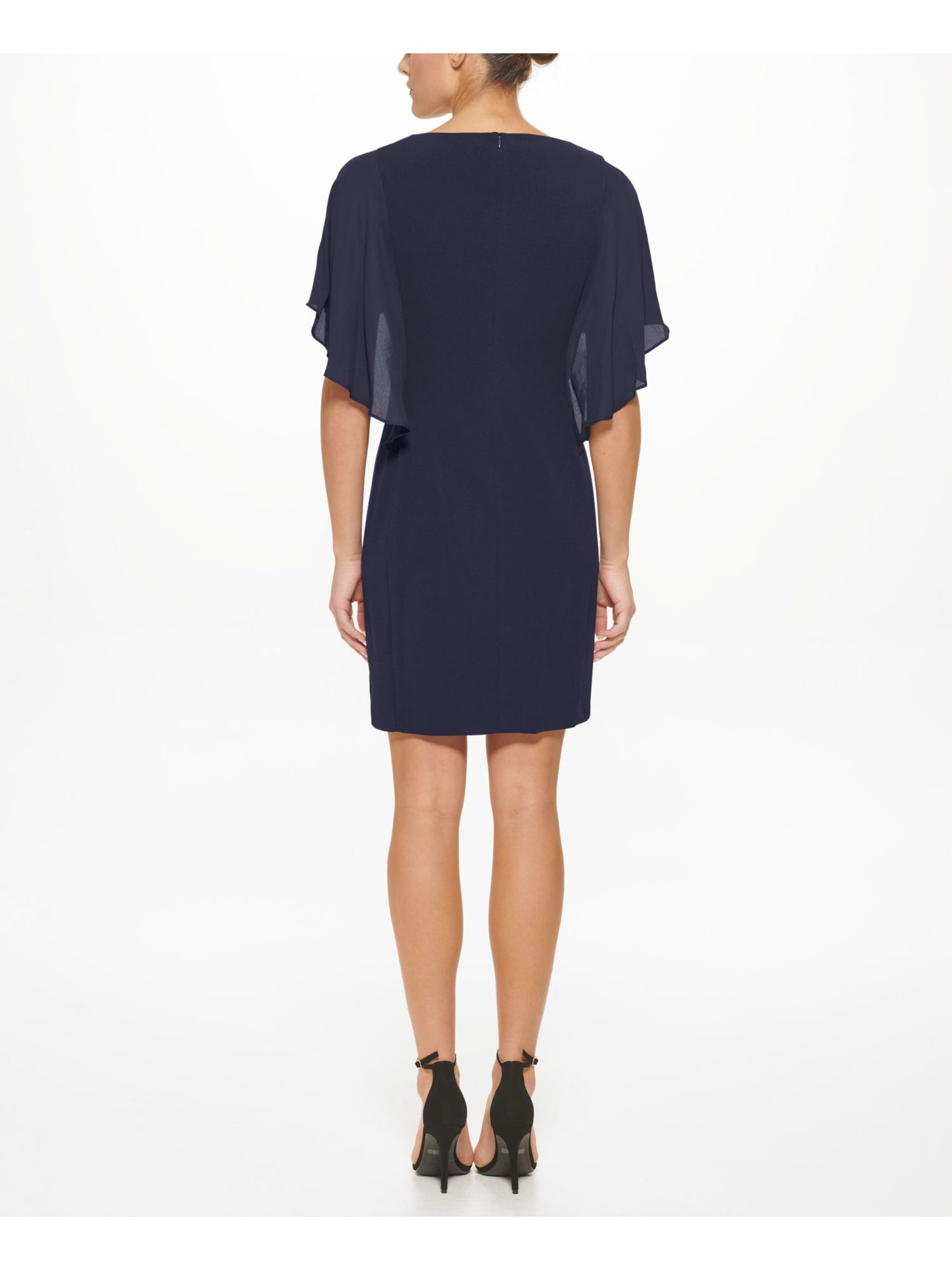 DKNY Womens Navy Zippered Overlaid Cape Effect Flutter Sleeve Round Neck Above The Knee Cocktail Sheath Dress 6