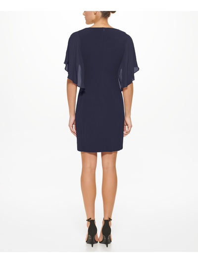 DKNY Womens Zippered Overlaid Cape Effect Flutter Sleeve Round Neck Above The Knee Cocktail Sheath Dress