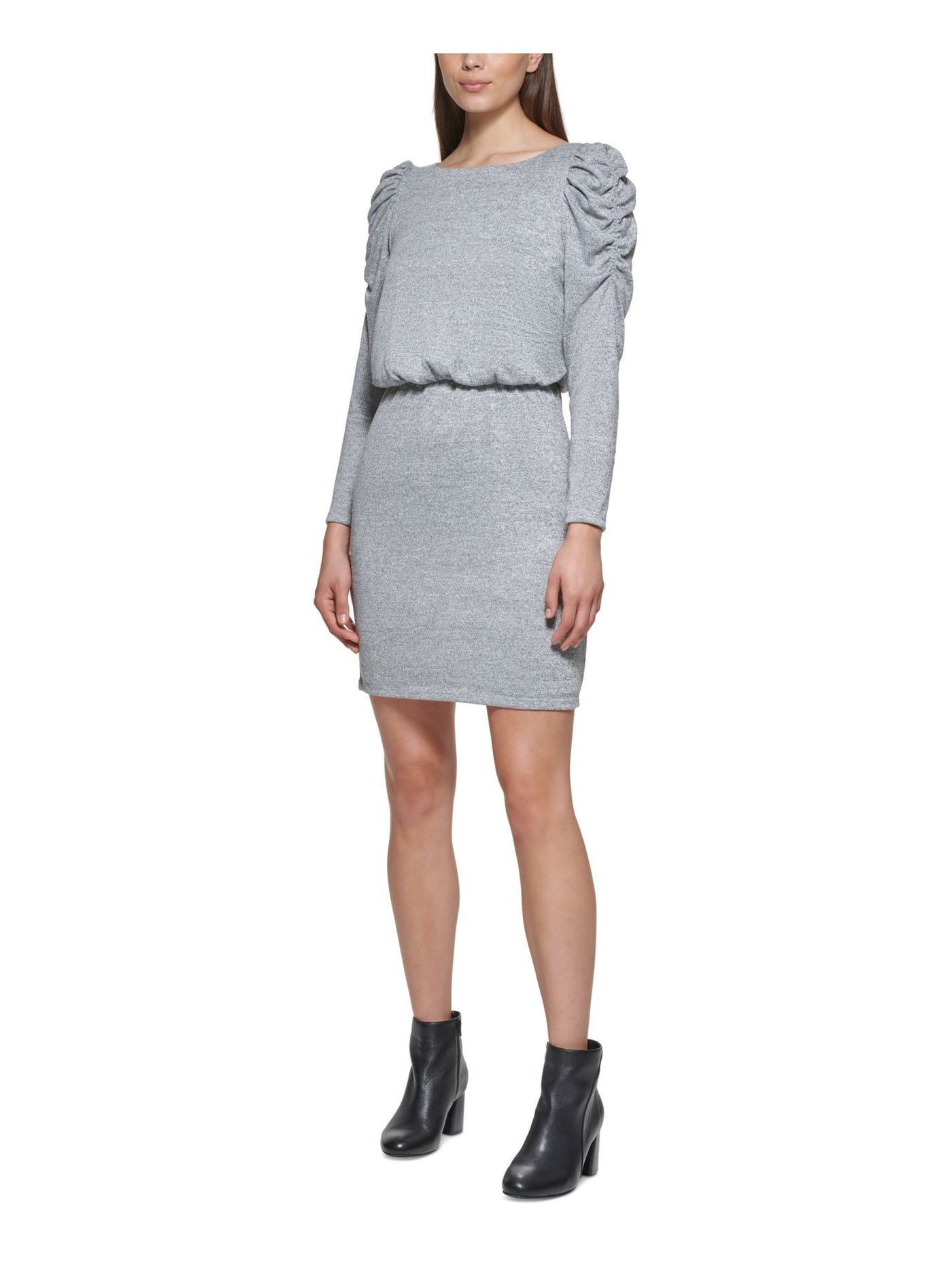 JESSICA HOWARD Womens Gray Metallic Ruched Lined Long Sleeve Jewel Neck Above The Knee Wear To Work Blouson Dress 16