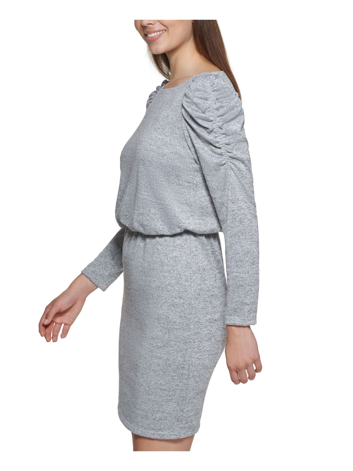 JESSICA HOWARD Womens Gray Metallic Ruched Lined Long Sleeve Jewel Neck Above The Knee Wear To Work Blouson Dress 10