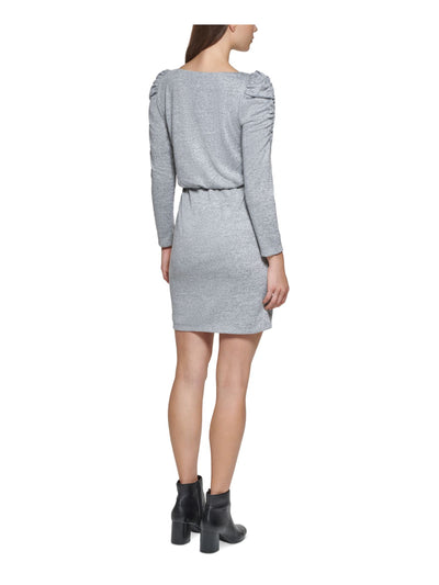 JESSICA HOWARD Womens Gray Metallic Ruched Lined Long Sleeve Jewel Neck Above The Knee Wear To Work Blouson Dress 12