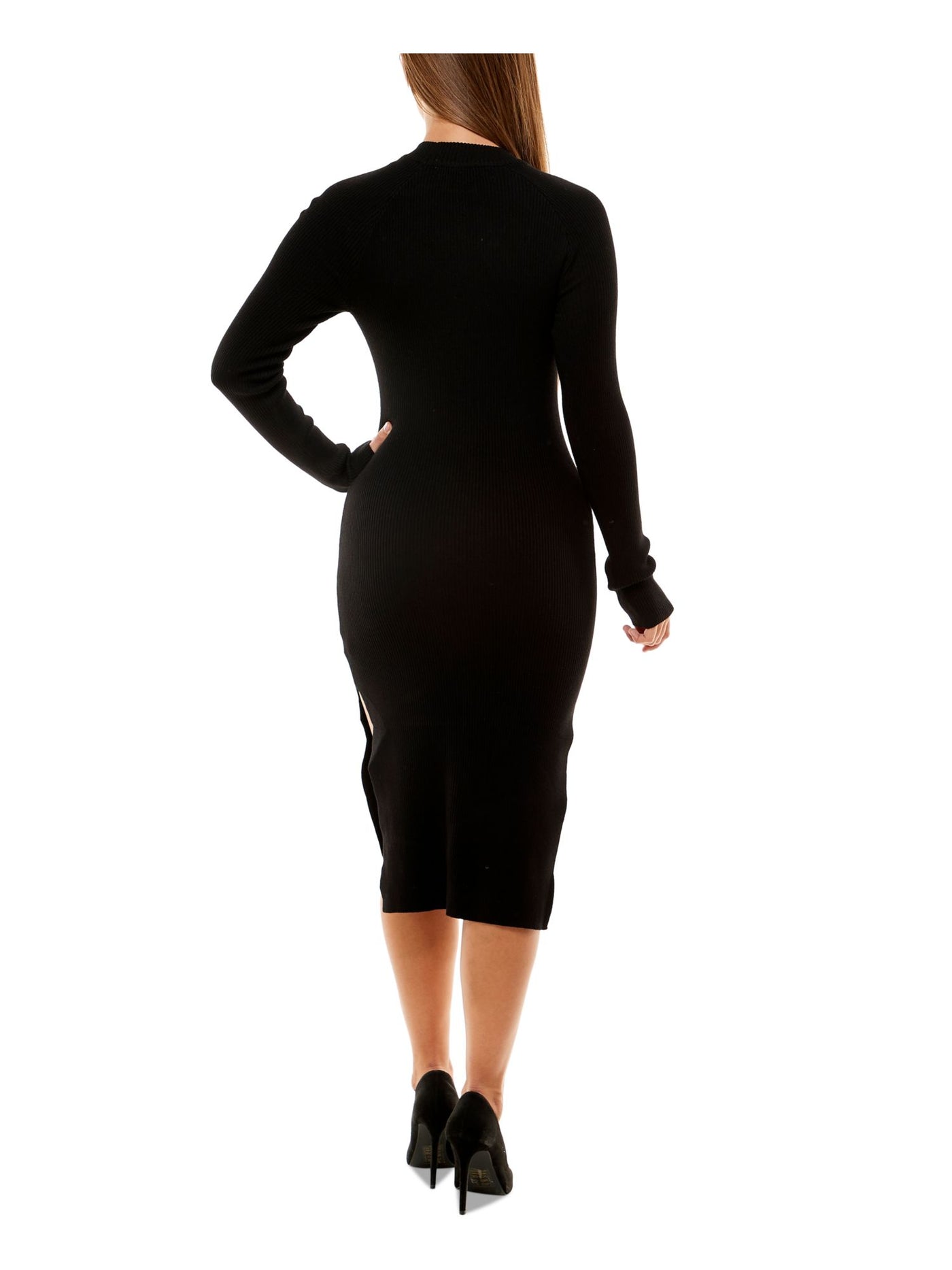 CRAVE FAME Womens Black Ribbed Cut Out Pullover Slitted Side Seams Long Sleeve Mock Neck Below The Knee Party Body Con Dress M