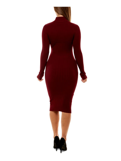 CRAVE FAME Womens Burgundy Ribbed Cut Out Long Sleeve Mock Neck Below The Knee Party Body Con Dress M