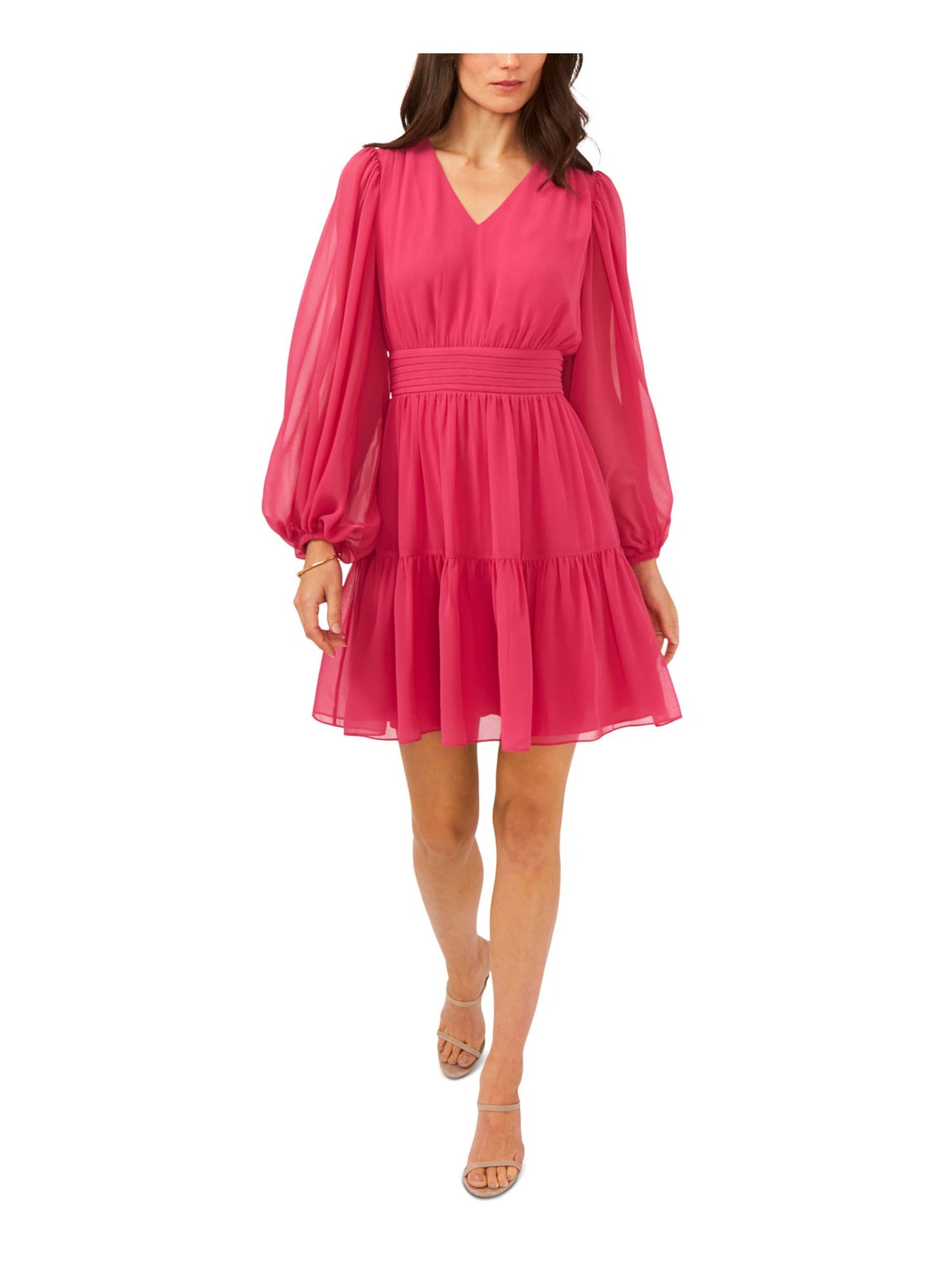 MSK Womens Pink Zippered Lined Tiered Hem Blouson Sleeve V Neck Short Party Fit + Flare Dress M