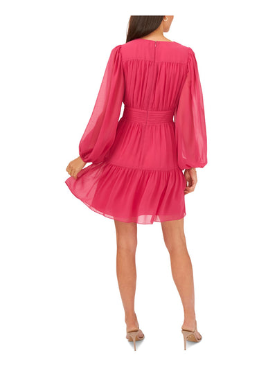 MSK Womens Pink Zippered Lined Tiered Hem Blouson Sleeve V Neck Short Party Fit + Flare Dress M