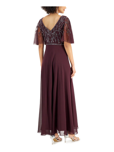 JKARA Womens Burgundy Beaded Sequined Sheer Lined Flutter Sleeve V Neck Full-Length Evening Gown Dress 6