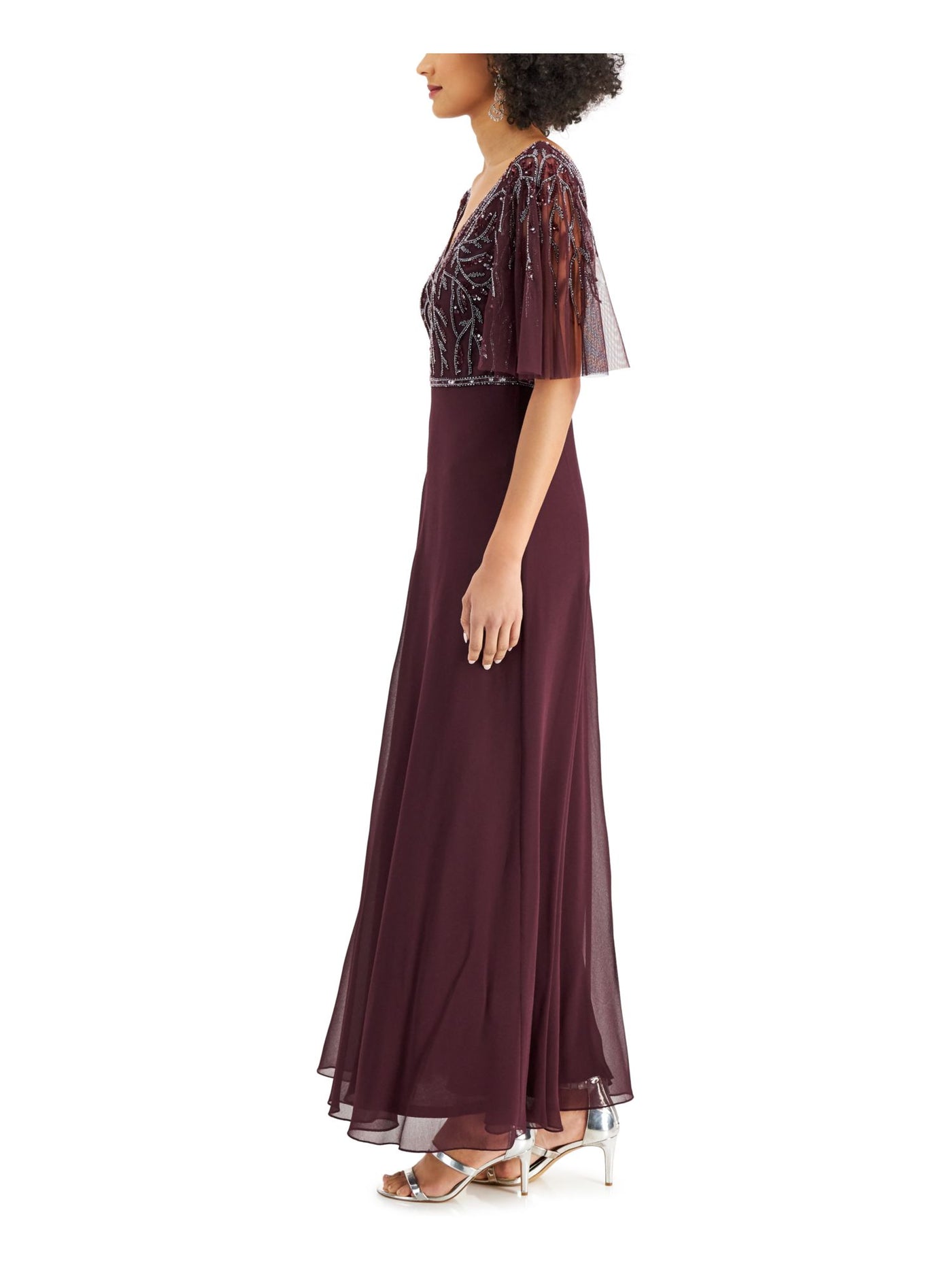 JKARA Womens Burgundy Beaded Sequined Sheer Lined Flutter Sleeve V Neck Full-Length Evening Gown Dress 6