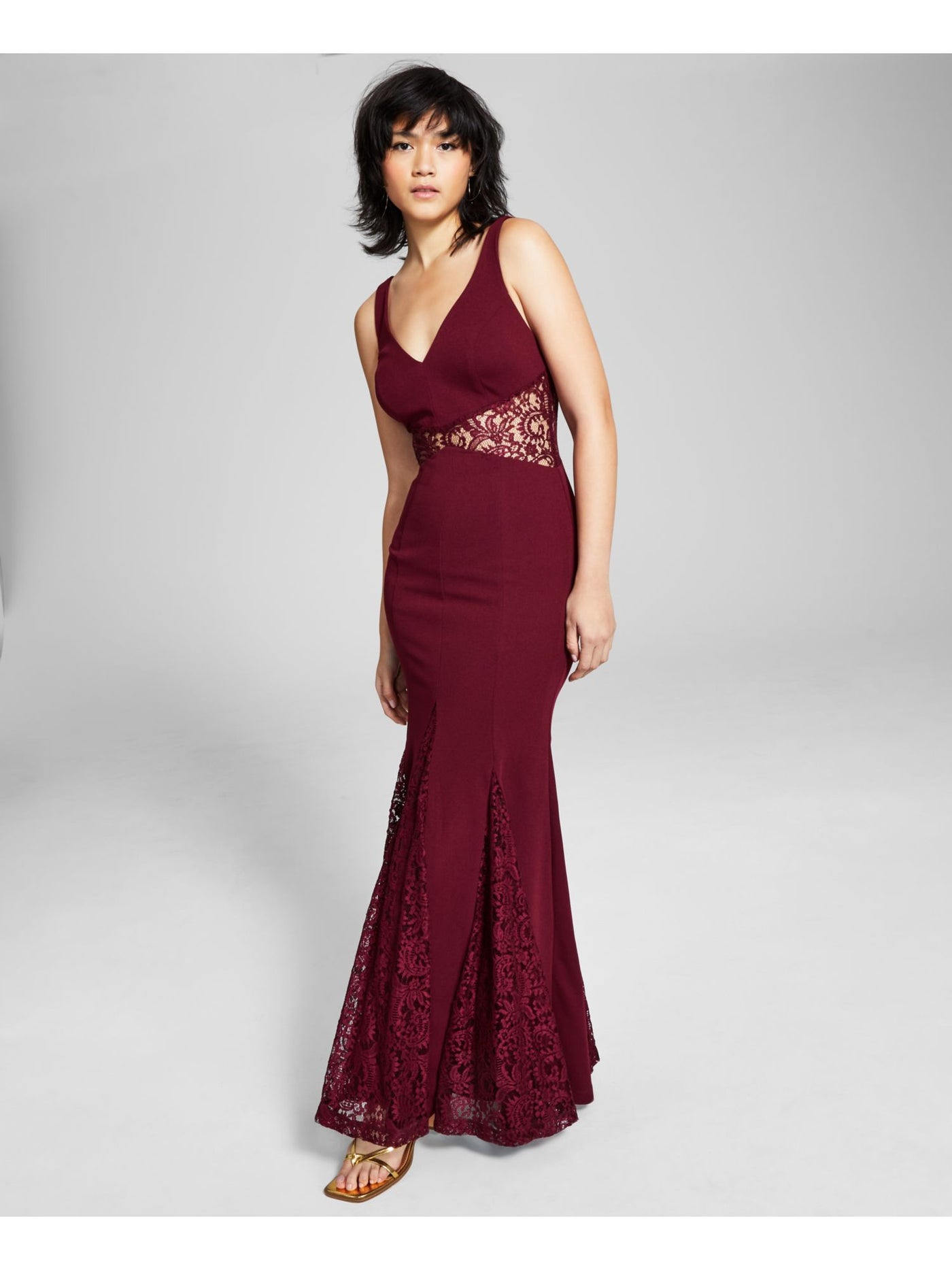 TRIXXI Womens Burgundy Lace Zippered Partially Lined Godet Sleeveless V Neck Maxi Gown Prom Dress 13