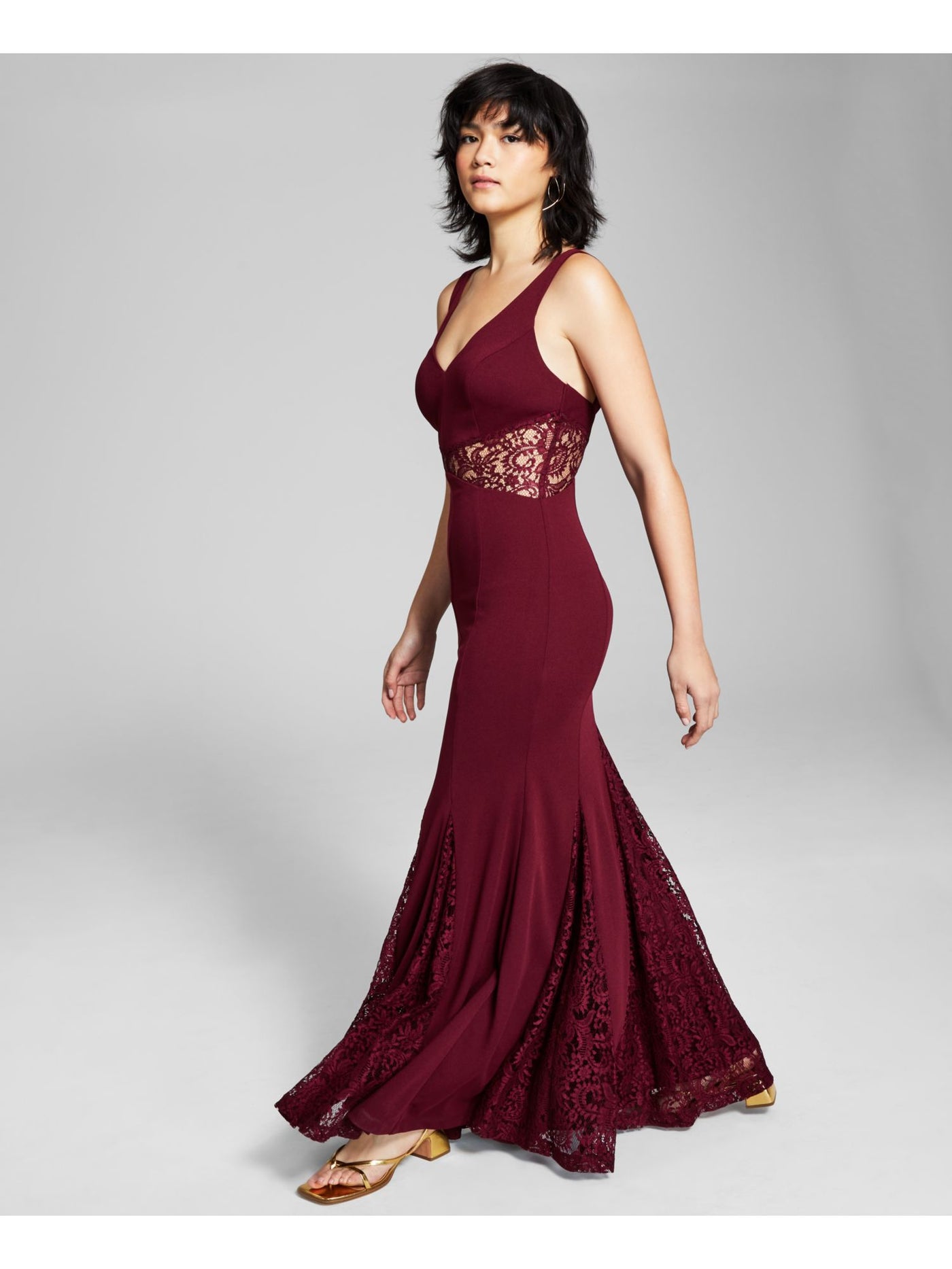 TRIXXI Womens Burgundy Lace Zippered Partially Lined Godet Sleeveless V Neck Maxi Gown Prom Dress 13